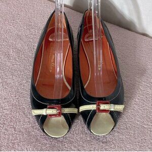 Hettye Mueller Vintage Black Patent Leather Peep Toe Flats With Buckle 36.5